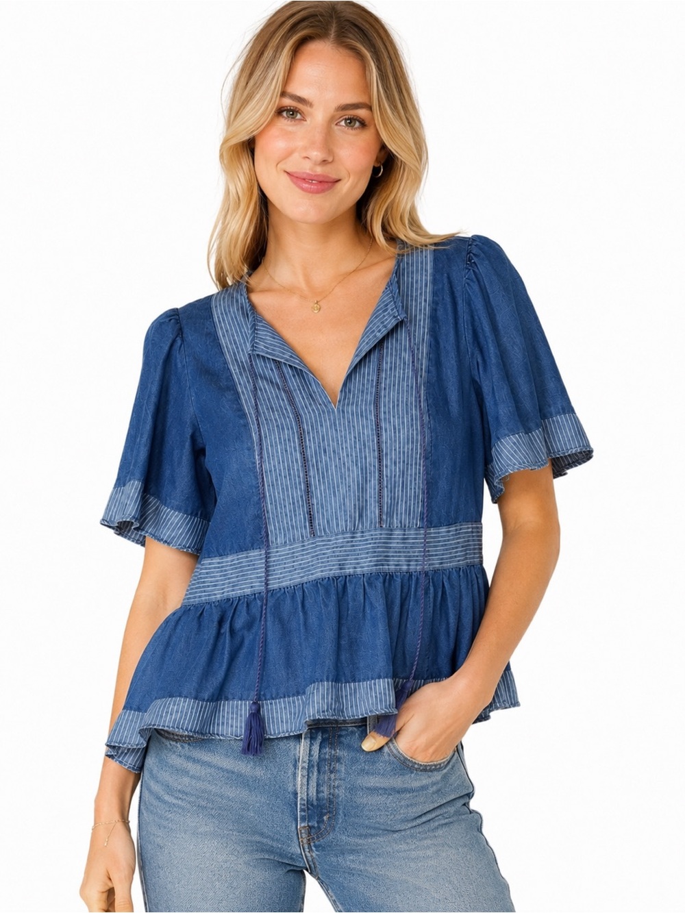 Kate Spade Blue Denim Peplum Blouse Tassel Tie V-Neck Flutter Sleeve Designer